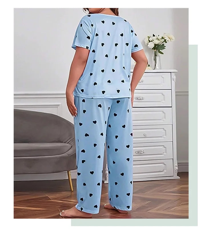 Pyjama Femme Grande Taille Imprimé Cœur — 2 Pièces Manches Courtes & Pantalon, Doux