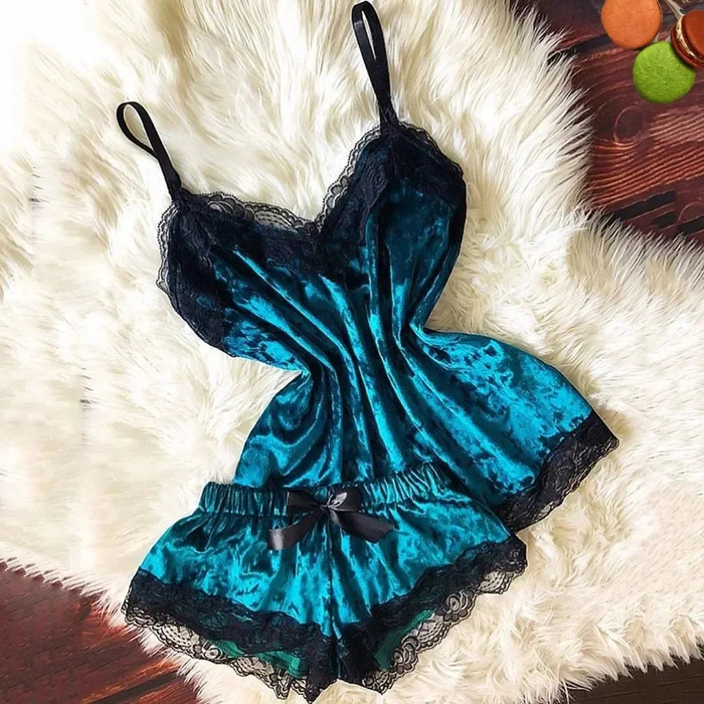 Pyjama Femme Dentelle Satin 2 Pièces — Top Court & Short, Sexy Lounge Été