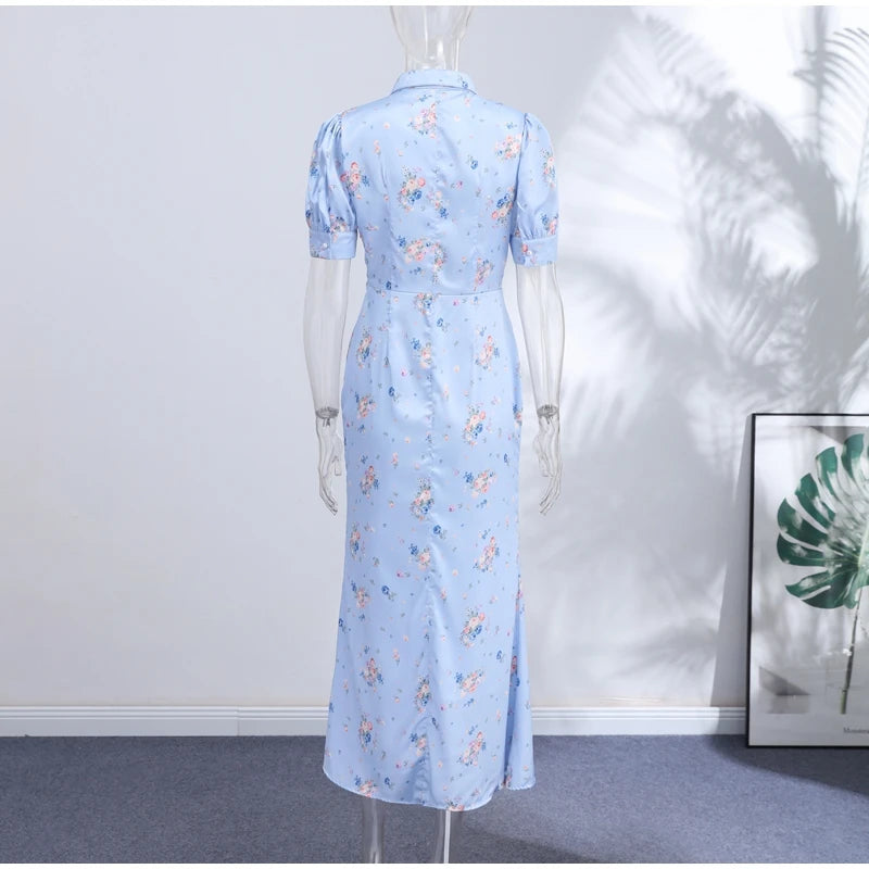 Robe Midi Imprimée Col V Profond — Manches Bouffantes, Taille Haute, Soirée 2026