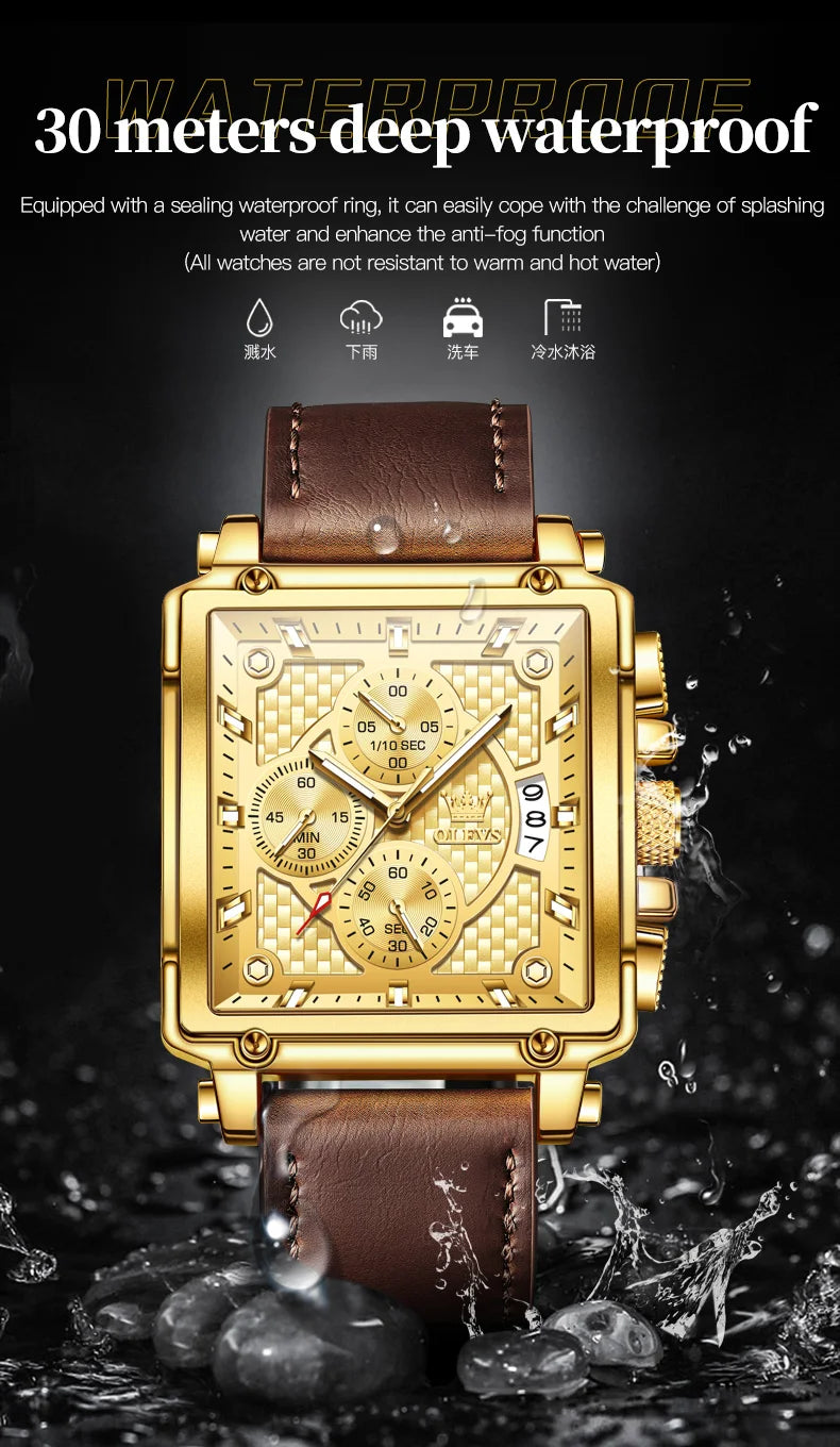 Montre Homme OLEVS Carrée Luxe Quartz — Étanche, Lumineux, Chronographe, Relogio
