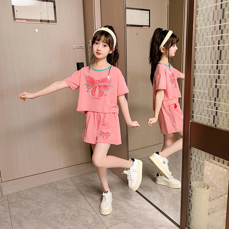 Ensemble 2 pièces filles – T-shirt imprimé nœud manches courtes & short sport, tenue été 2025