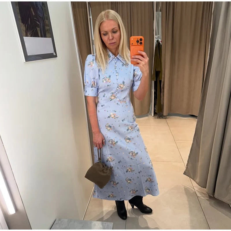 Robe Midi Imprimée Col V Profond — Manches Bouffantes, Taille Haute, Soirée 2026
