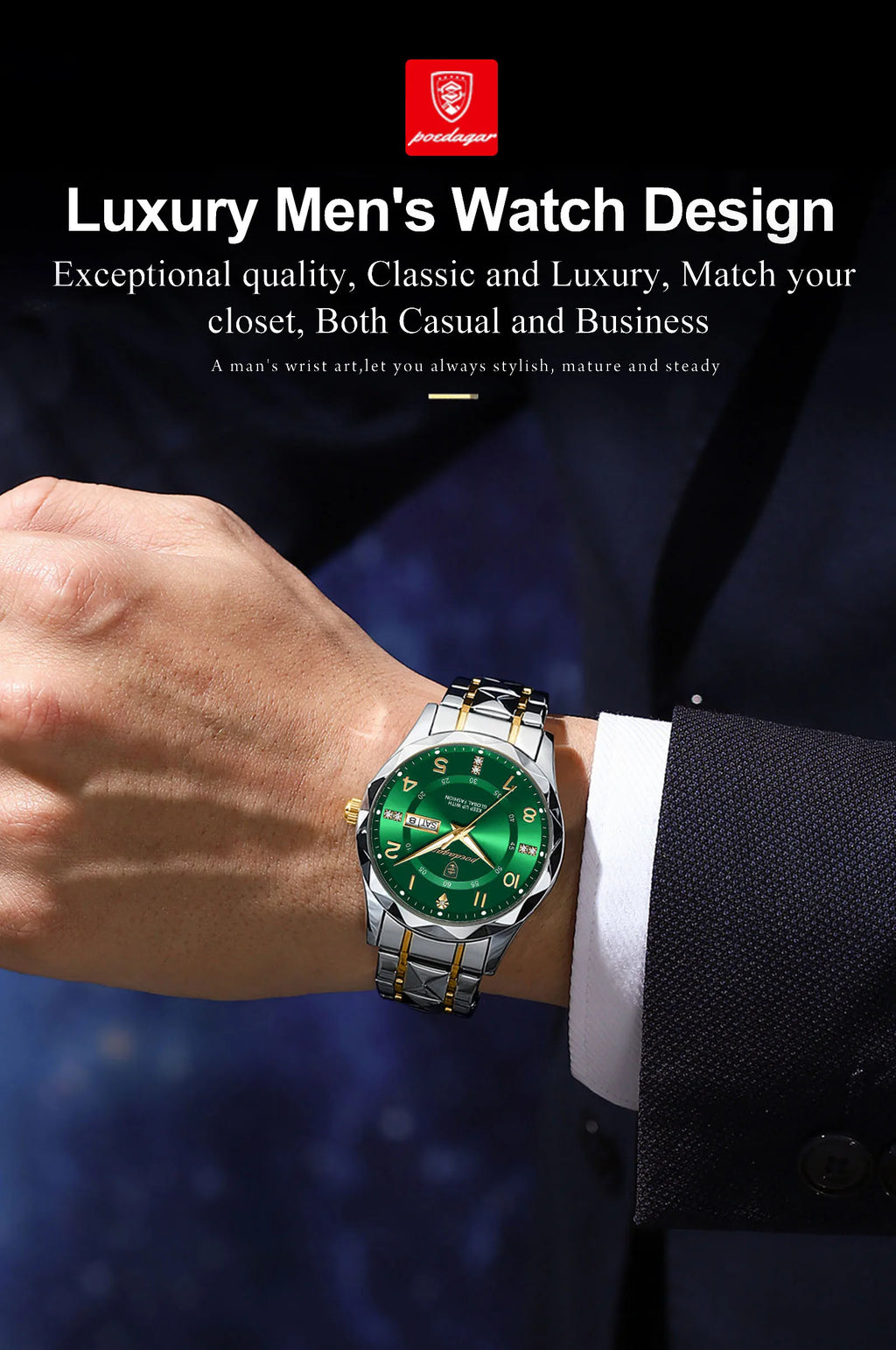 Montre Homme POEDAGAR Business — Acier Inoxydable, Lumineux, Date, Semaine, Quartz