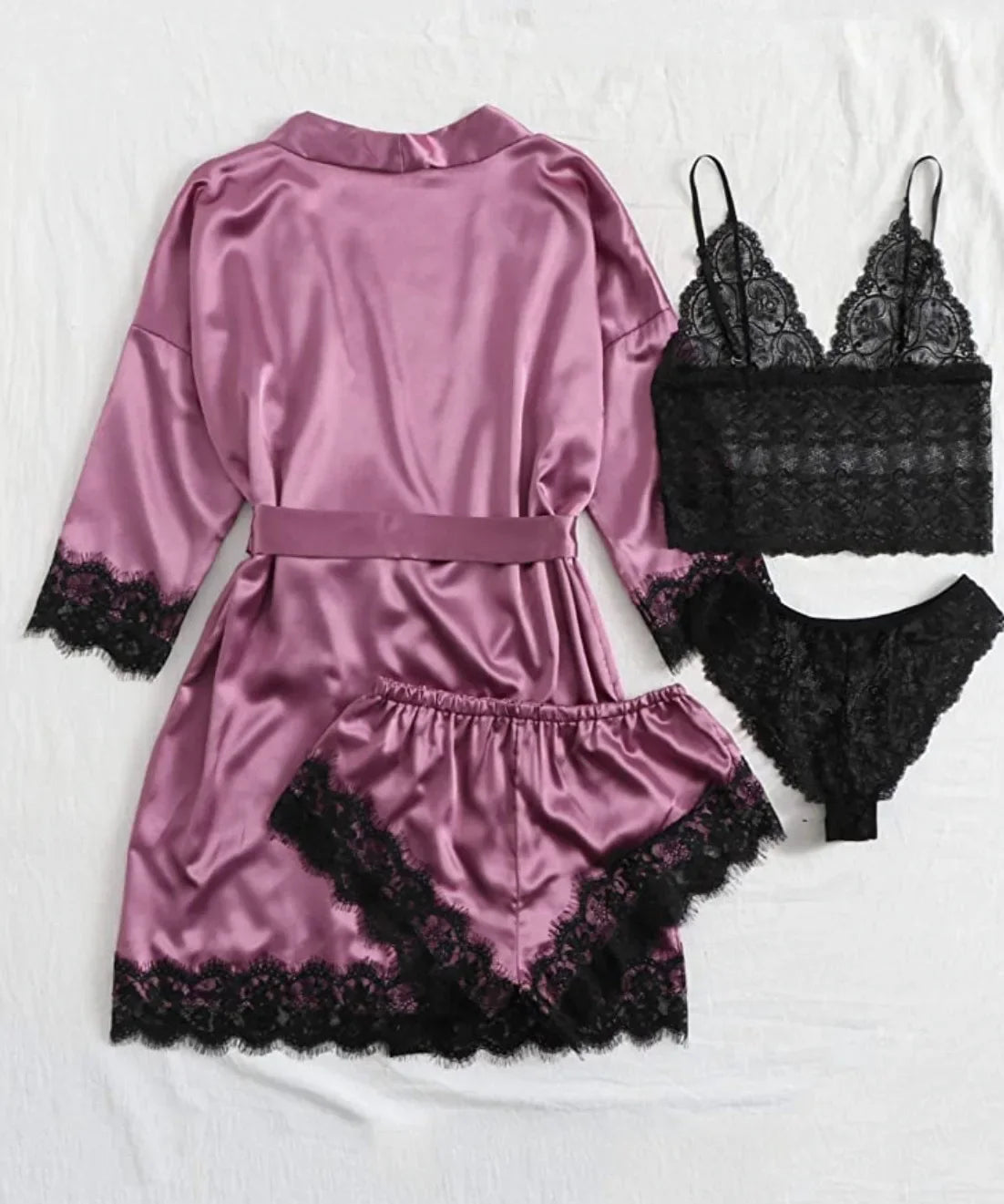 Ensemble Lingerie Femme 4 Pièces Dentelle — Nuisette, Short, Robe de Chambre, Sexy