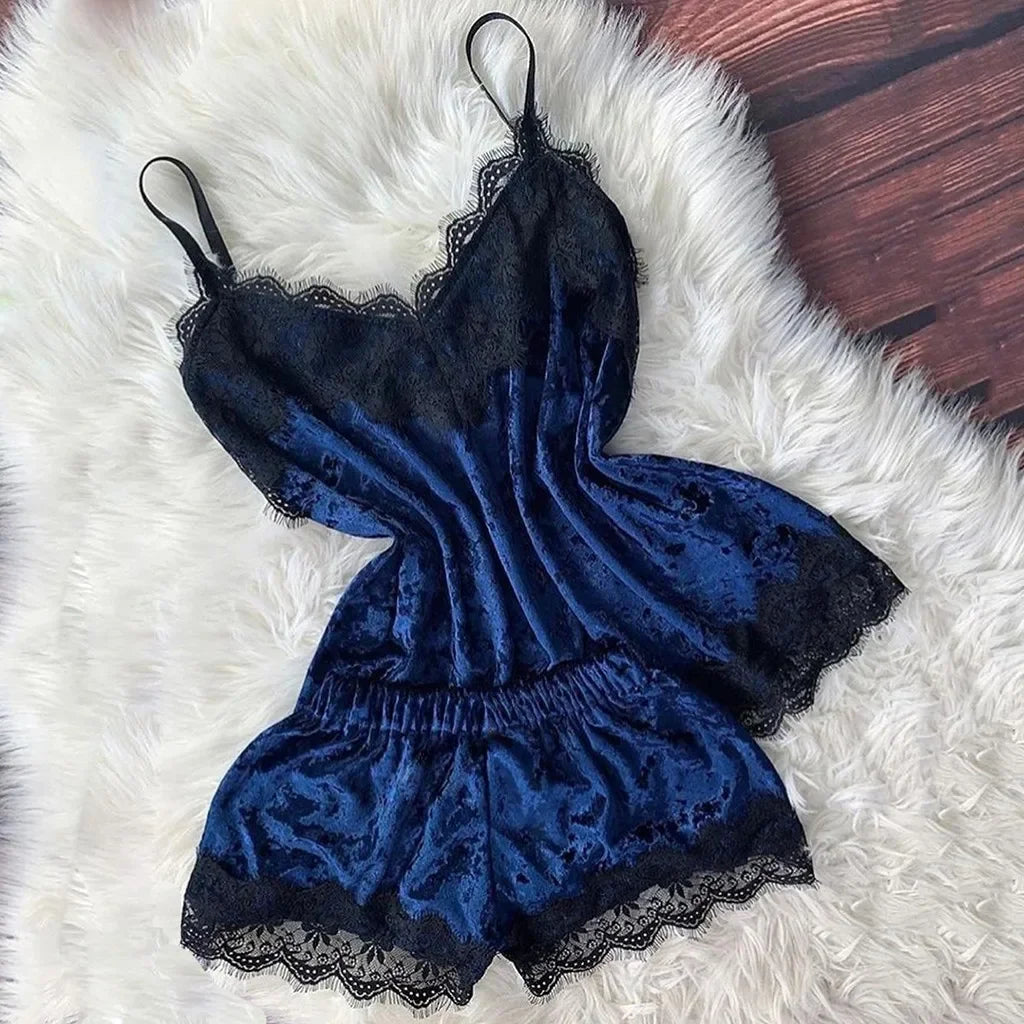 Pyjama Femme Dentelle Satin 2 Pièces — Top Court & Short, Sexy Lounge Été