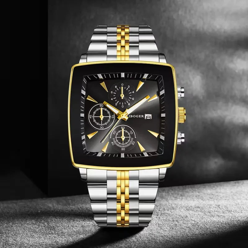 Montre Homme Luxe Carrée Quartz — Acier Inoxydable, Calendrier, Business (Sans Boîte)