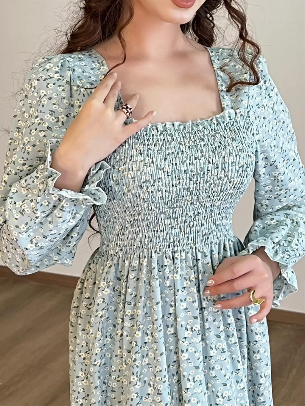 Robe Midi Femme Mousseline Manches Longues — Imprimé Floral Laçage