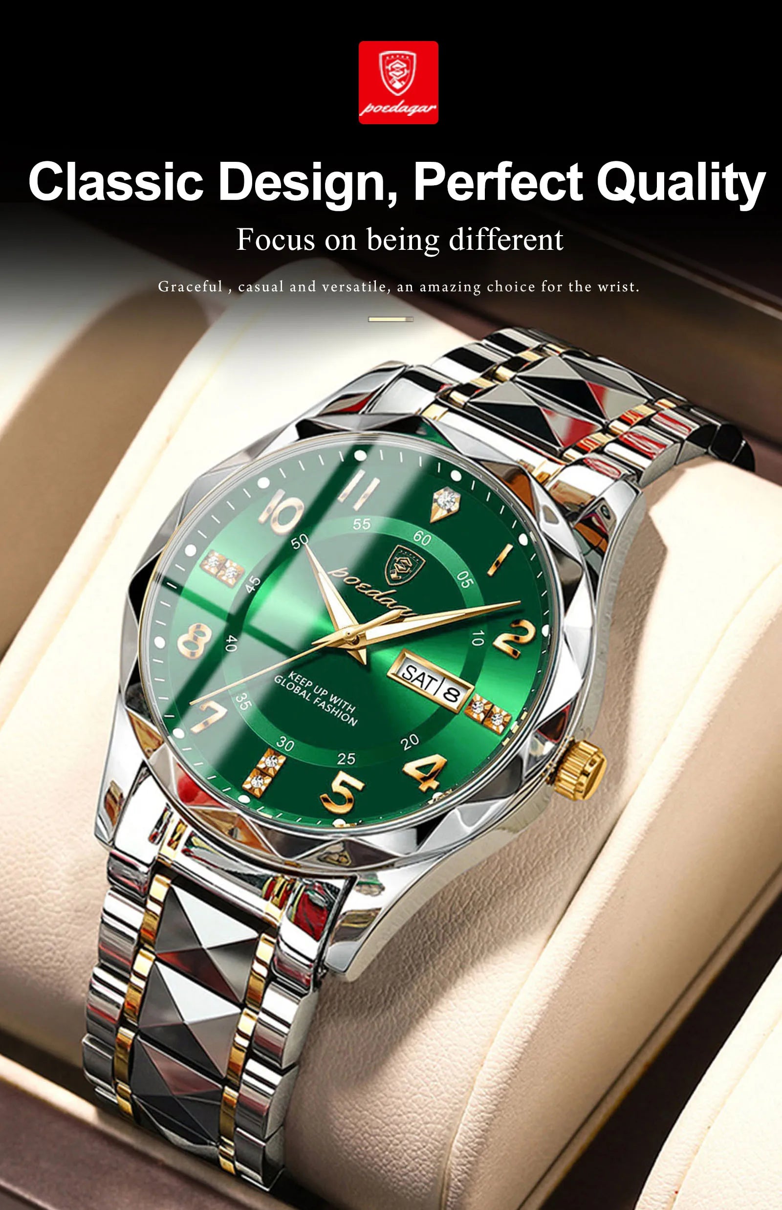 Montre Homme POEDAGAR Business — Acier Inoxydable, Lumineux, Date, Semaine, Quartz
