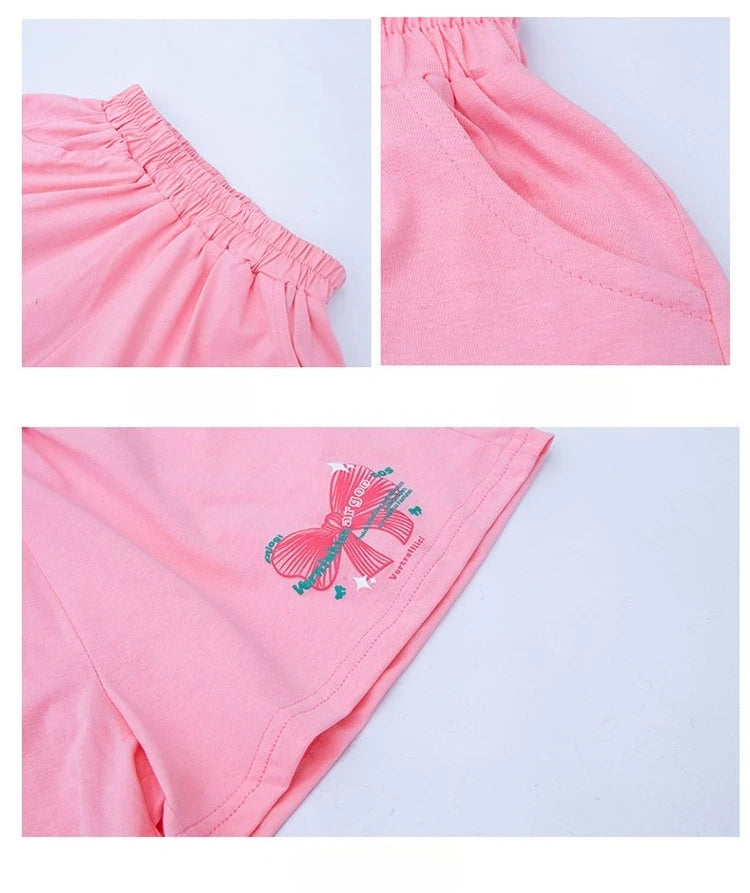Ensemble 2 pièces filles – T-shirt imprimé nœud manches courtes & short sport, tenue été 2025
