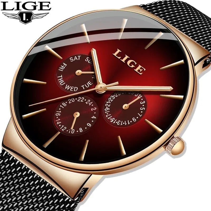 Montre Homme LIGE Luxe Quartz — Maille Acier Ultra-Fine, Étanche, Sport