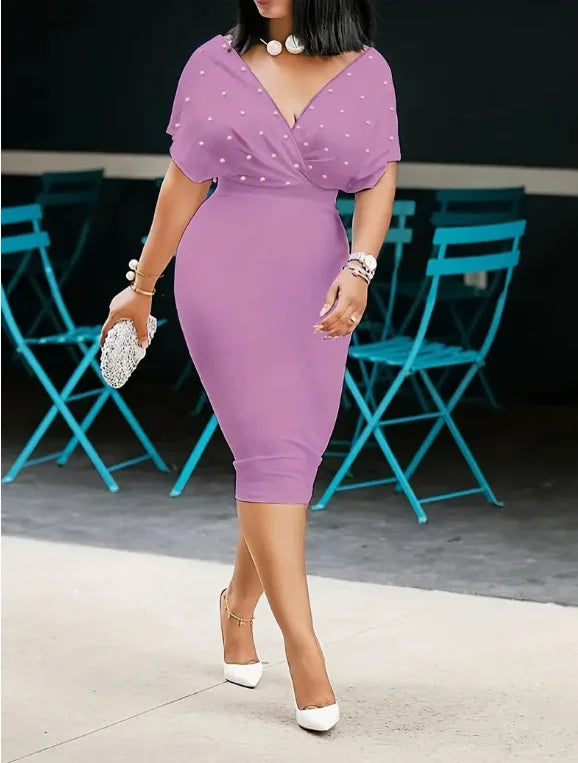 Robe Midi Sexy Col V Moulante — Couleur Unie, Bureau & Soirée, Printemps Été 2025