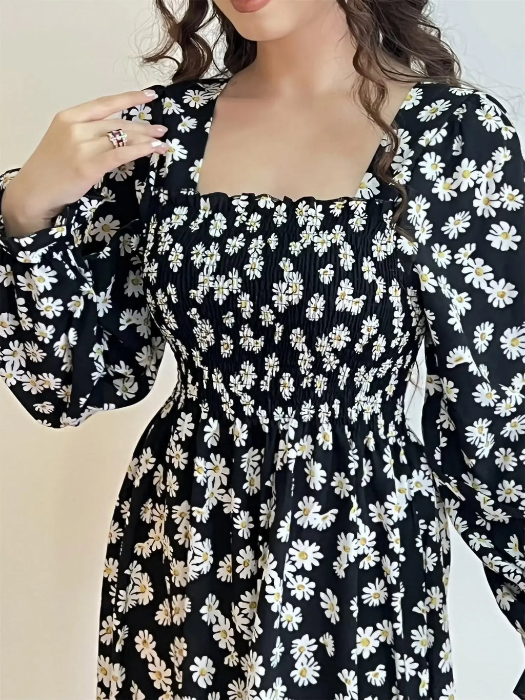 Robe Midi Femme Mousseline Manches Longues — Imprimé Floral Laçage