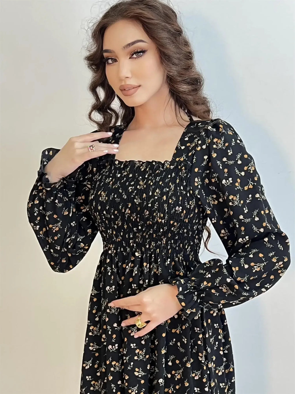Robe Midi Femme Mousseline Manches Longues — Imprimé Floral Laçage