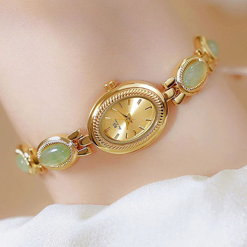Montre Femme Luxe Strass Ovale — Bracelet Doré, Quartz, Top Marque 2025