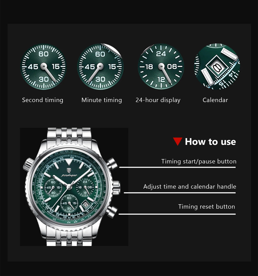POEDAGAR Montre Homme Luxe Chronographe — Acier Inoxydable, Étanche, Sport Élégant