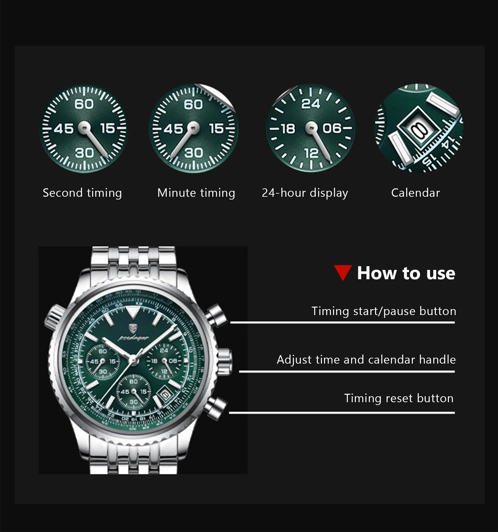 POEDAGAR Montre Homme Luxe Chronographe — Acier Inoxydable, Étanche, Sport Élégant