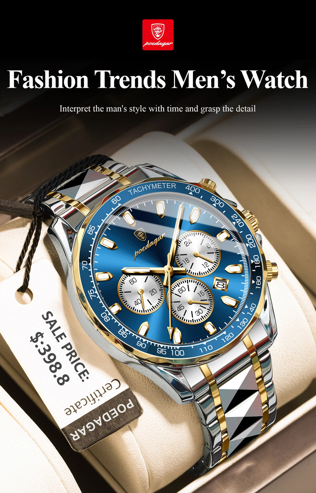 POEDAGAR Montre Homme Sport Luxe Chronographe — Acier Inoxydable, Étanche, Lumineuse