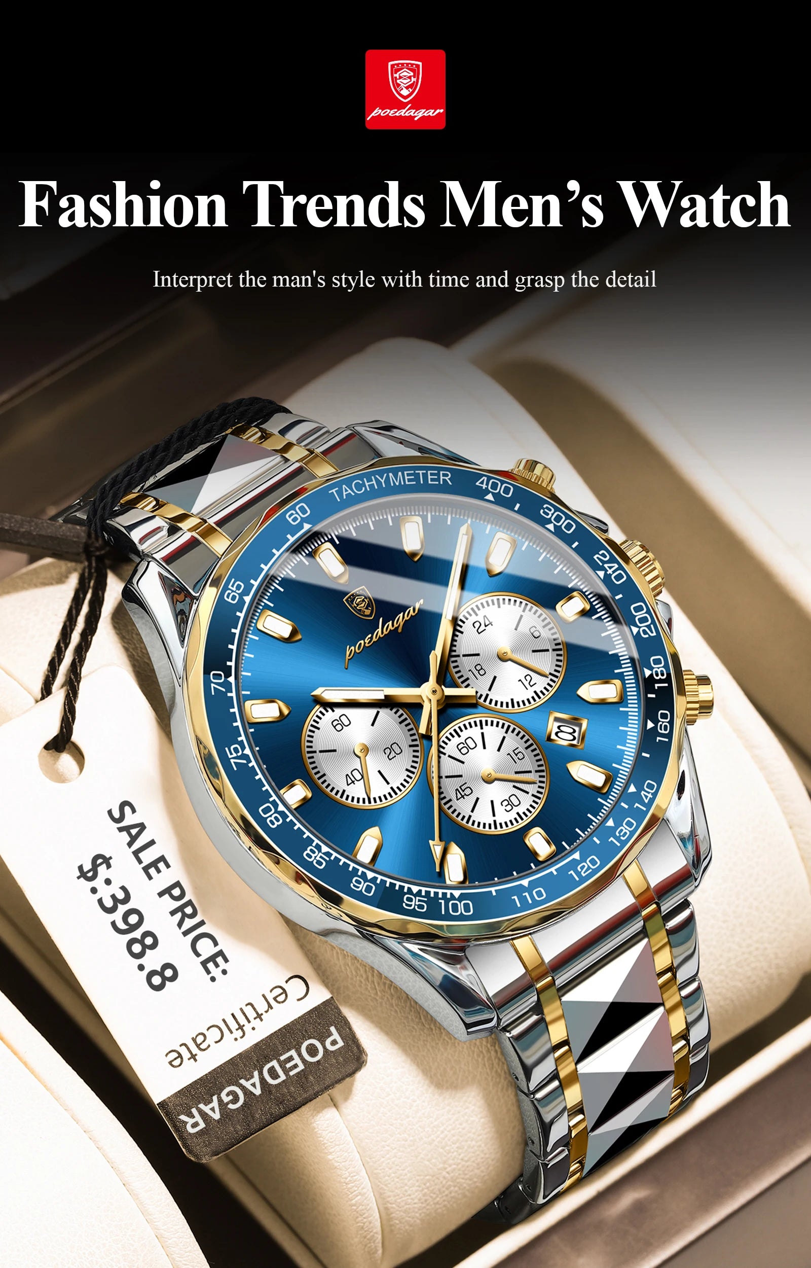POEDAGAR Montre Homme Sport Luxe Chronographe — Acier Inoxydable, Étanche, Lumineuse