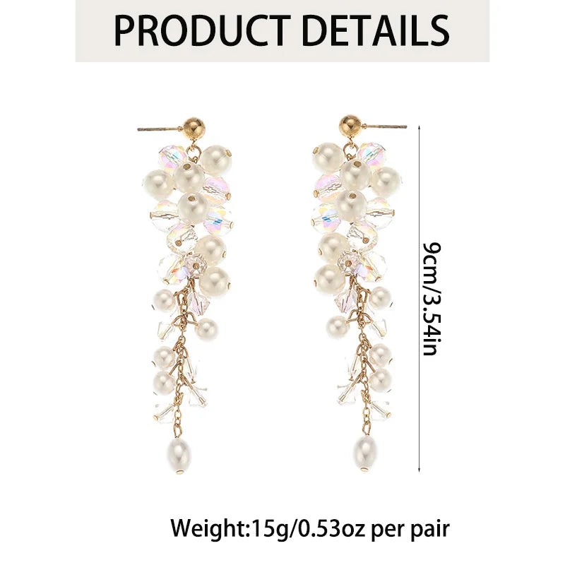 Boucles d'Oreilles Clip Perle Simulée Bohème — Longues Franges, Style Mariage & Banquet