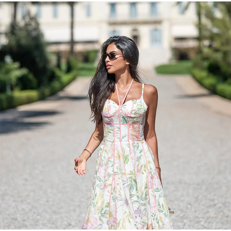 Robe Maxi Halter Corset Imprimé Floral 2026 — Sans Manches, Ligne A, Soirée Élégante