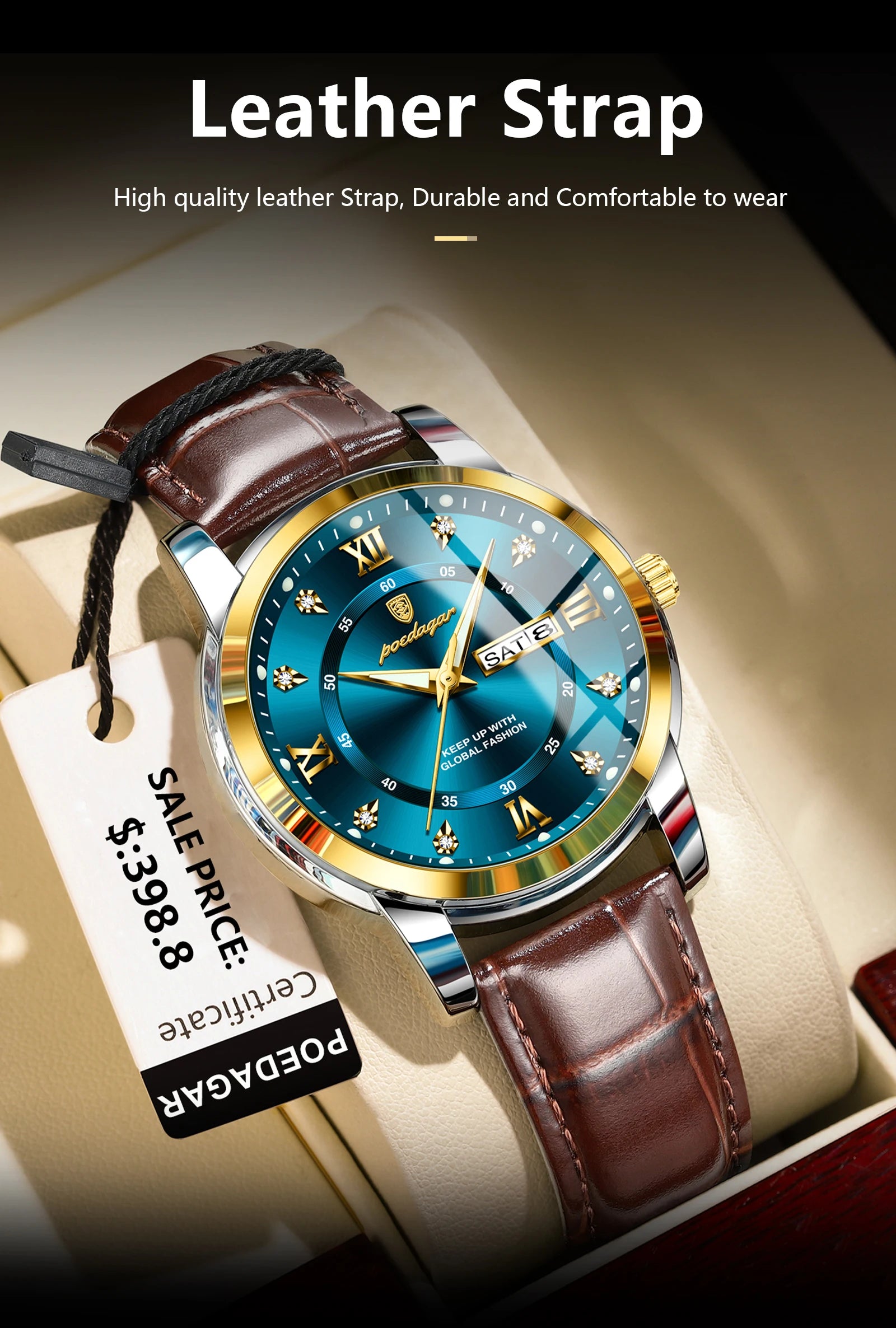 POEDAGAR Montre Homme Cuir Luxe — Quartz Élégant, Bracelet Cuir, Top Qualité