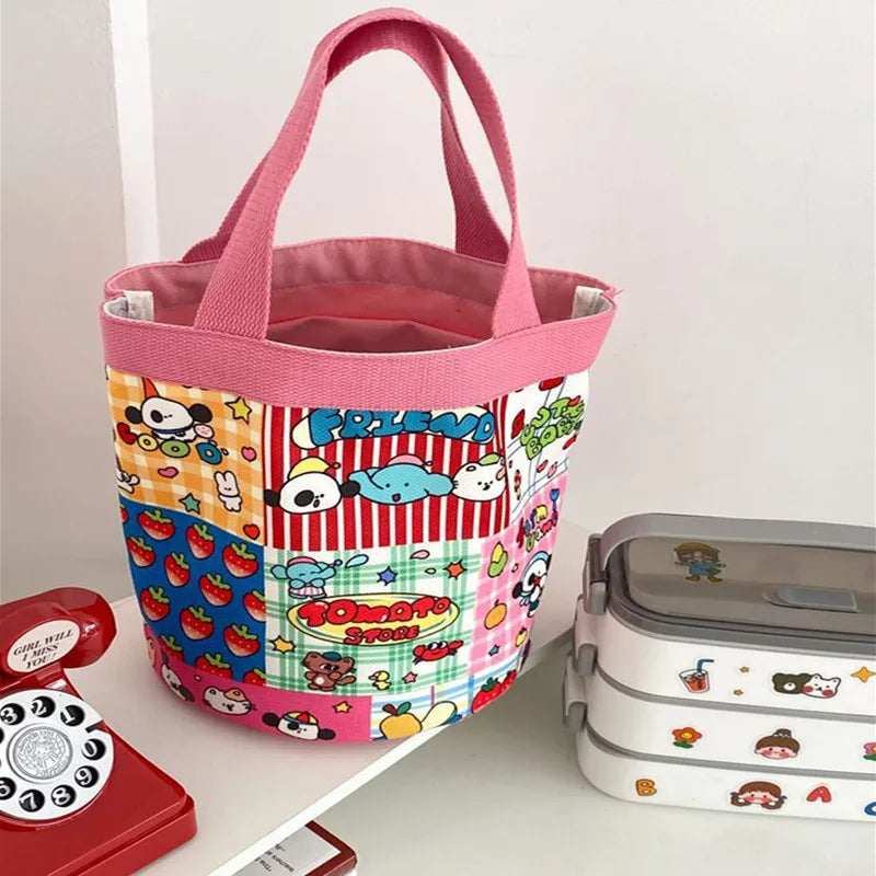 Sac Seau Toile Cartoon Imprimé — Tote Portable Cylindrique, Lunch Bag Fille Étudiante