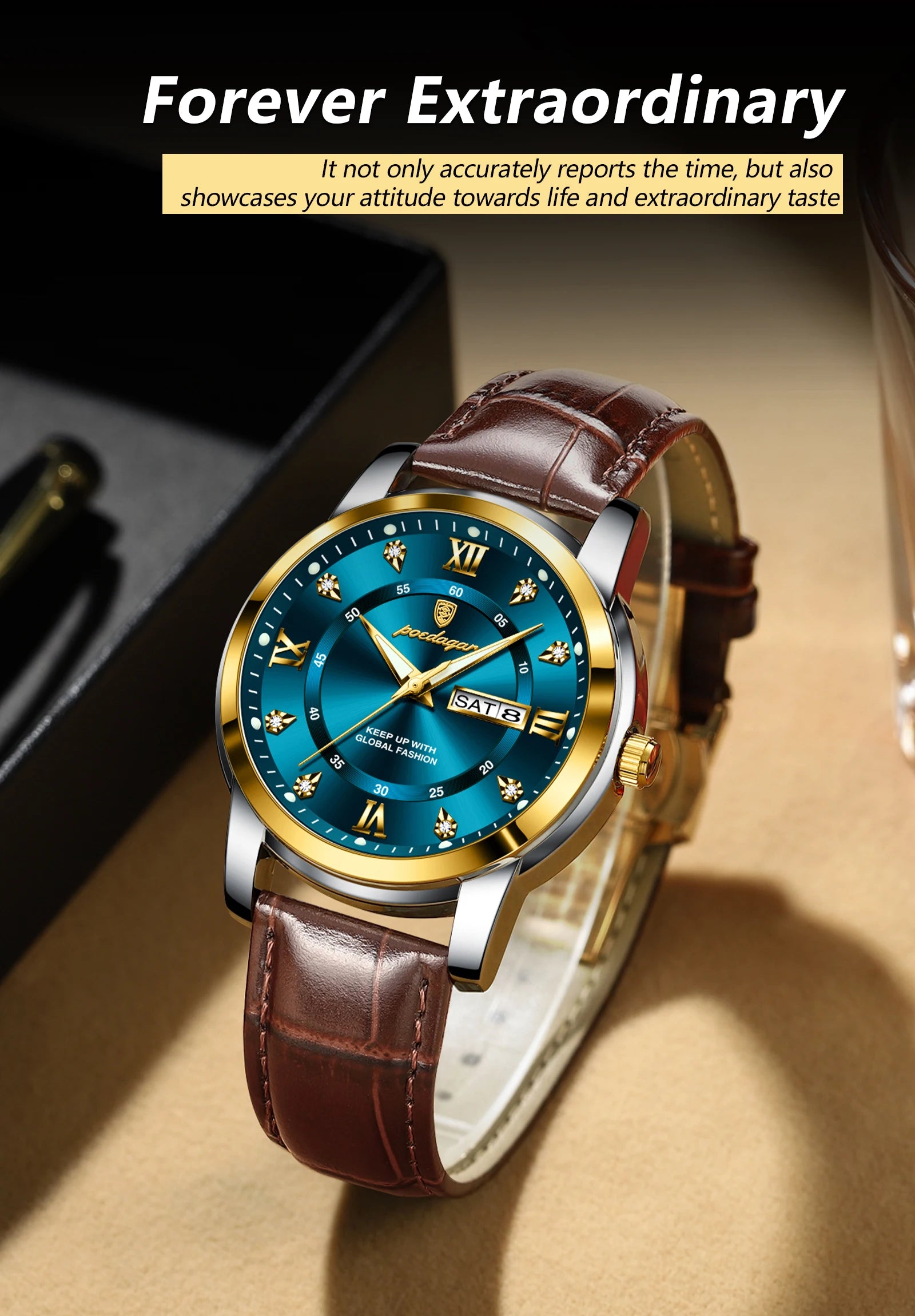 POEDAGAR Montre Homme Cuir Luxe — Quartz Élégant, Bracelet Cuir, Top Qualité