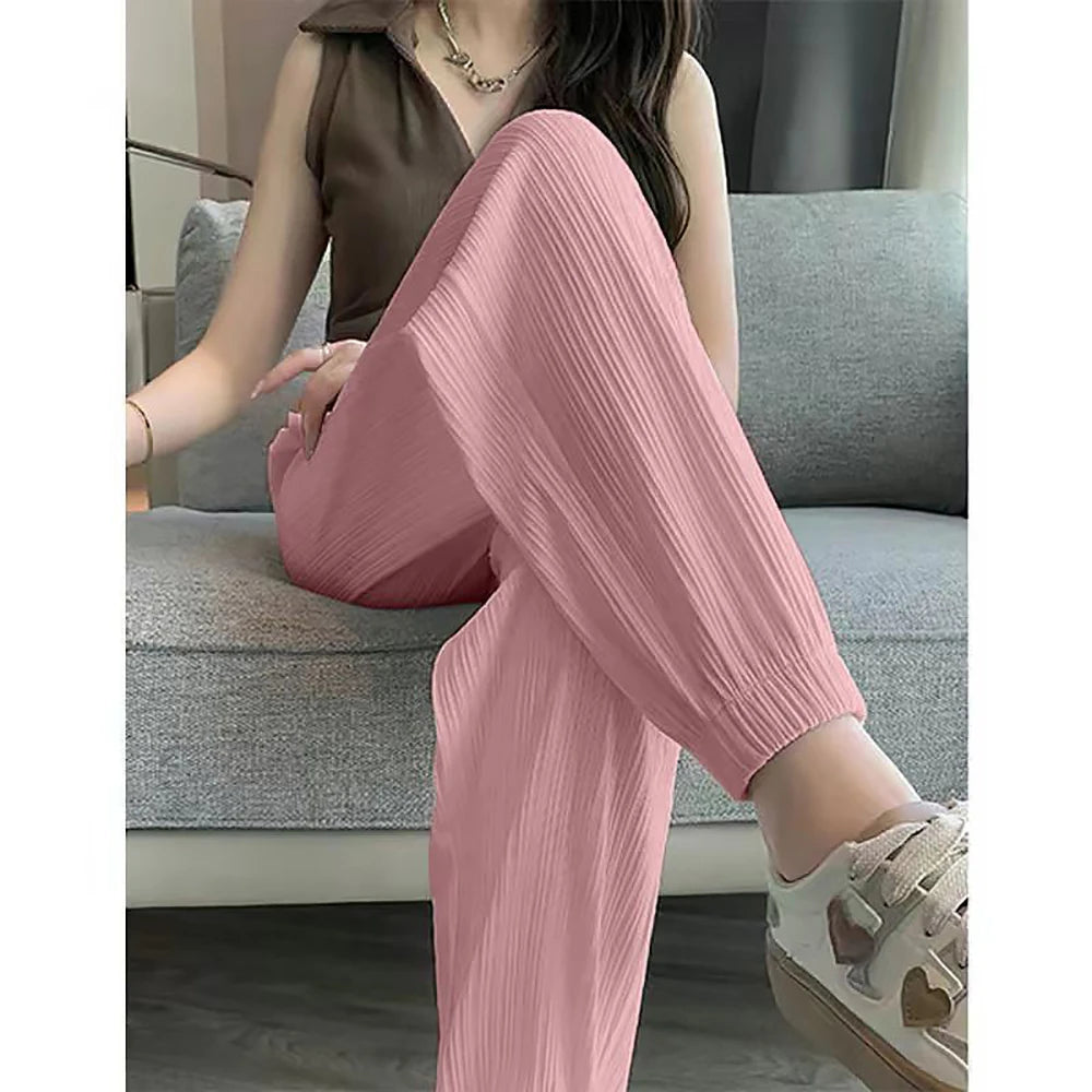 Pantalon Femme Soie Glacée Casual — Taille Élastique Couleur Unie
