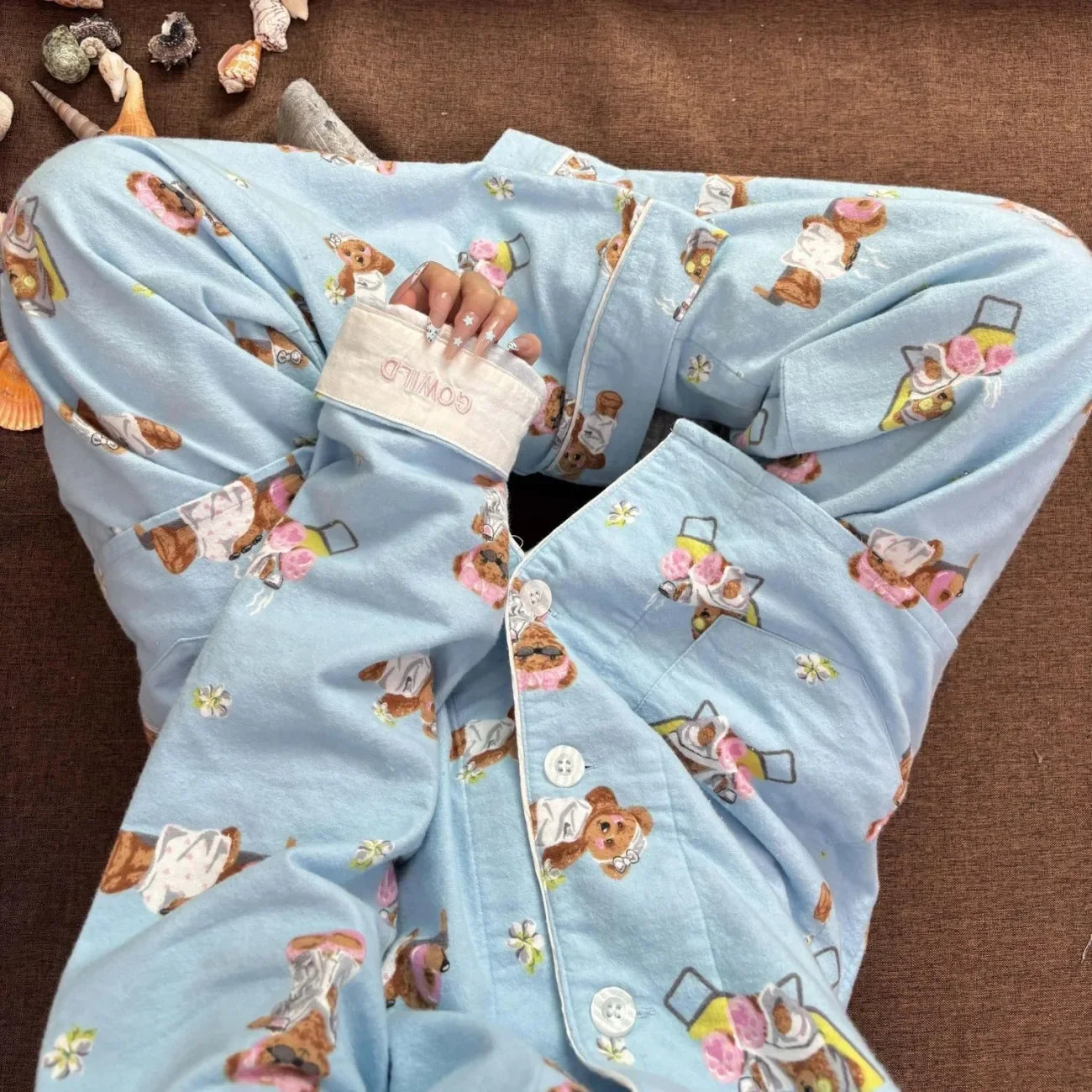 Ensemble Pyjama Femme Coton — Imprimé Cartoon Mignon, 2 Pièces, Manches Longues, Automne