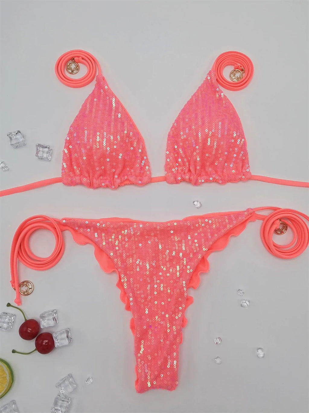 Bikini Paillettes Halter Sexy — Sequins Brillants, Maillot de Bain Femme Plage