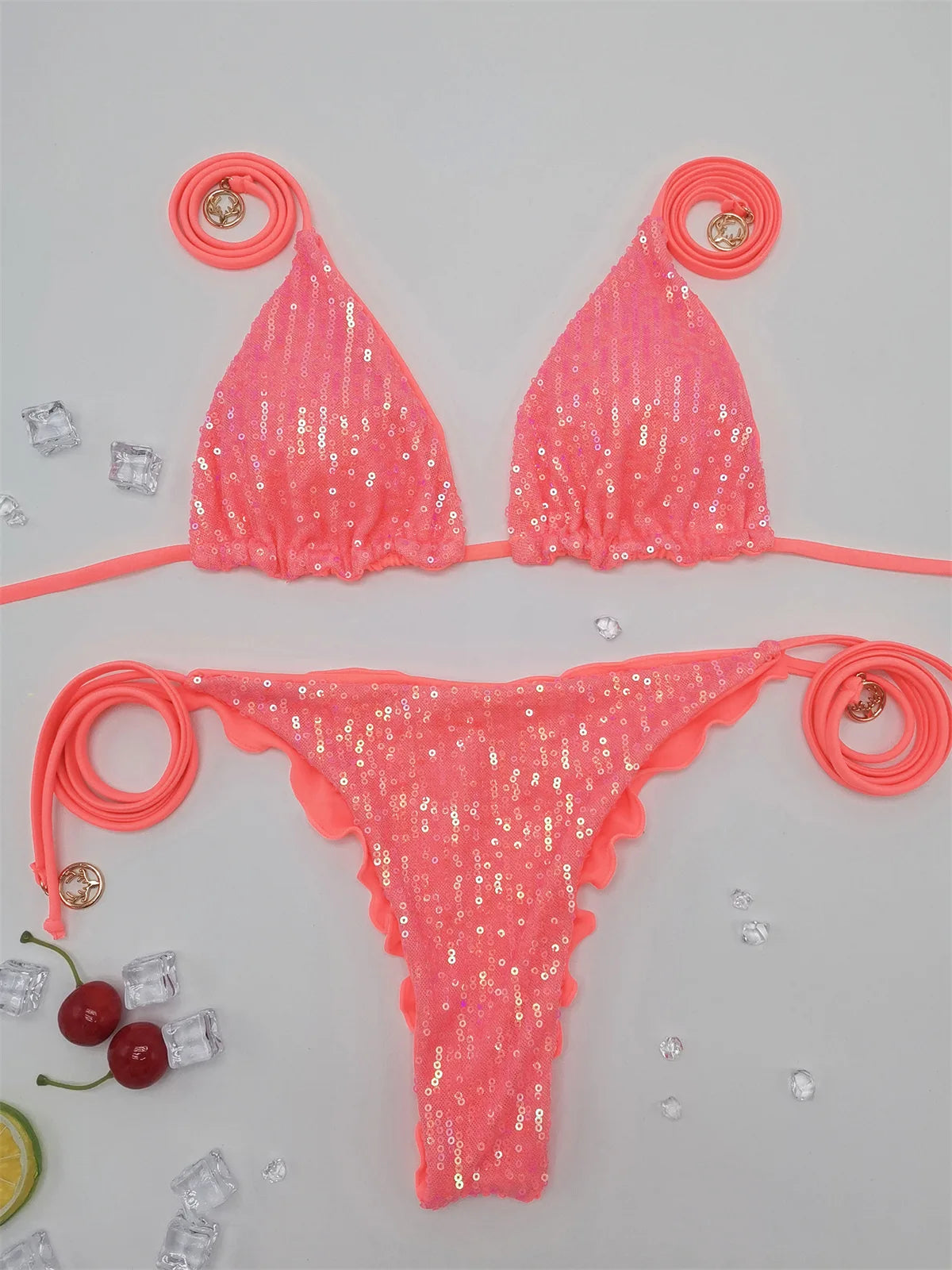 Bikini Paillettes Halter Sexy — Sequins Brillants, Maillot de Bain Femme Plage