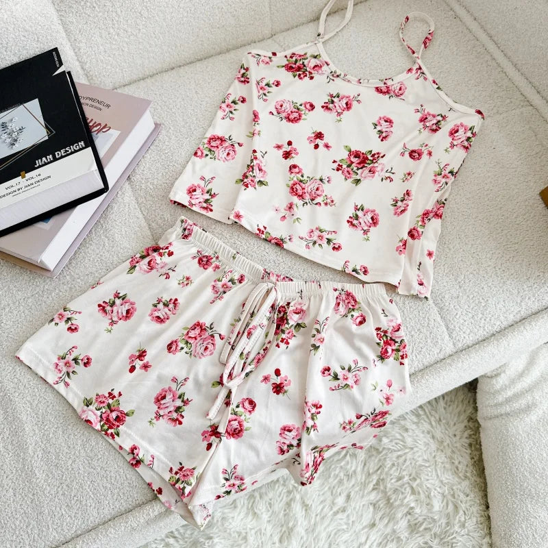 Pyjama Femme Soie Glacée Imprimé — Top Col Rond & Short, Respirant & Confortable
