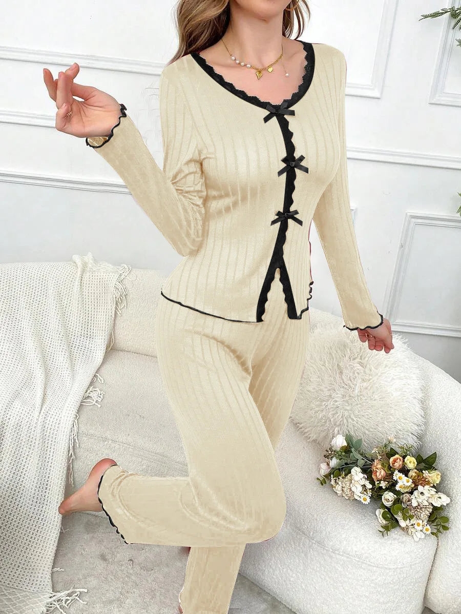 Ensemble Pyjama Femme Hiver — Manches Longues, Col V, Pantalon Long, Chaud & Confortable