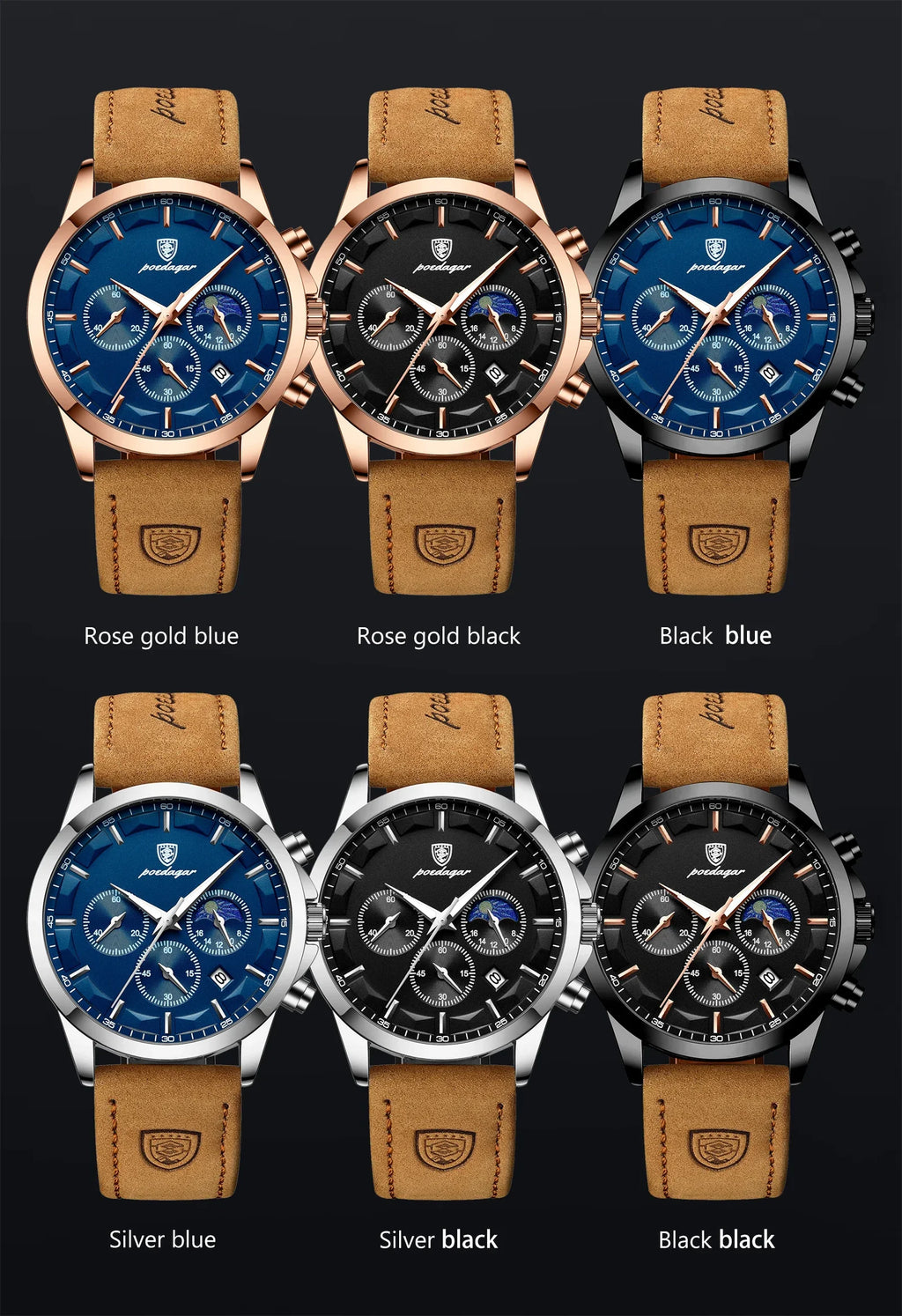POEDAGAR Montre Homme Luxe Chronographe Cuir — Étanche, Lumineuse, Date, Sport Militaire