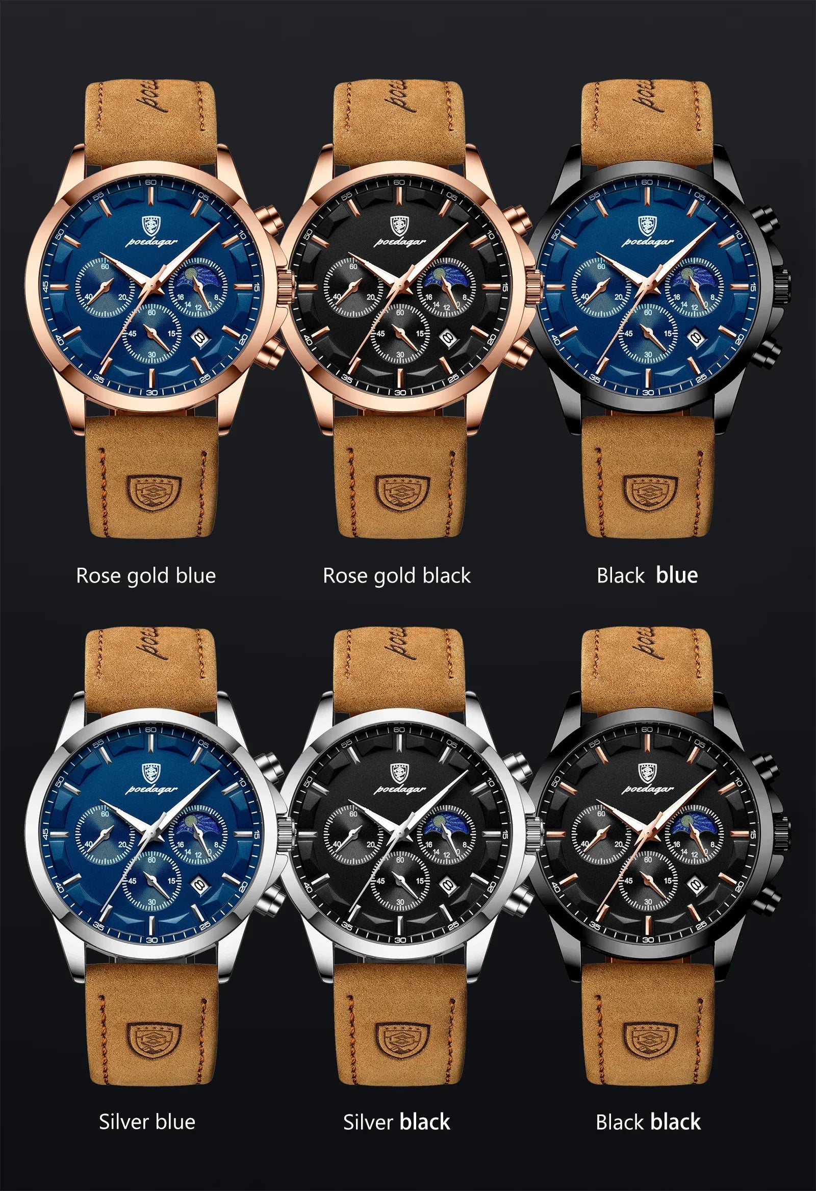 POEDAGAR Montre Homme Luxe Chronographe Cuir — Étanche, Lumineuse, Date, Sport Militaire