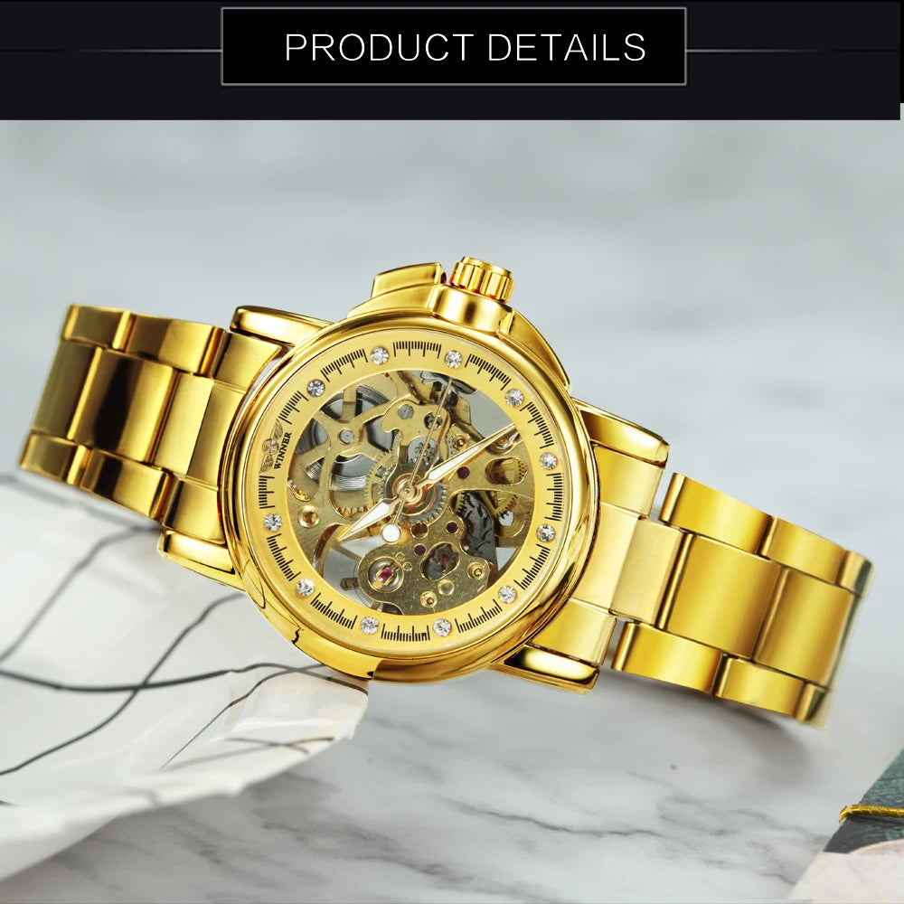 Montre Automatique Femme WINNER Squelette Or — Luxe Glacé, Acier Inoxydable, Élégante