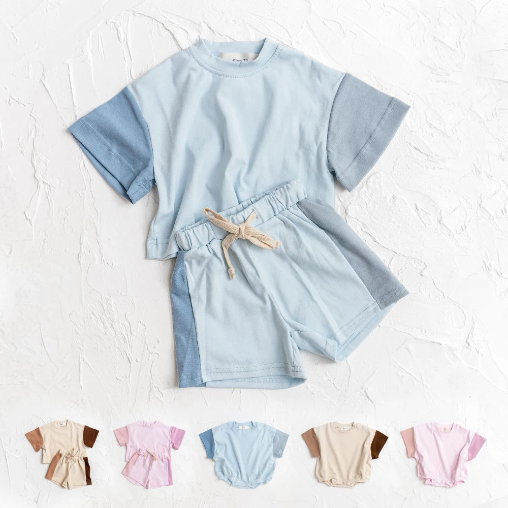 Ensemble 2 pièces bébé mixte – Top coton manches courtes & short bicolore coutures colorées, été 2025