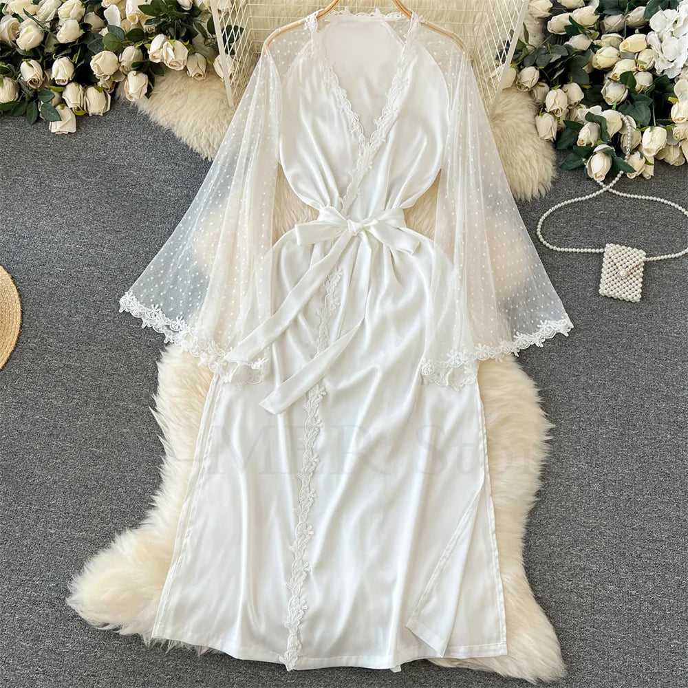 Robe de Chambre Kimono Dentelle Broderie — Longue, Satin Soie, Mariage & Nuit