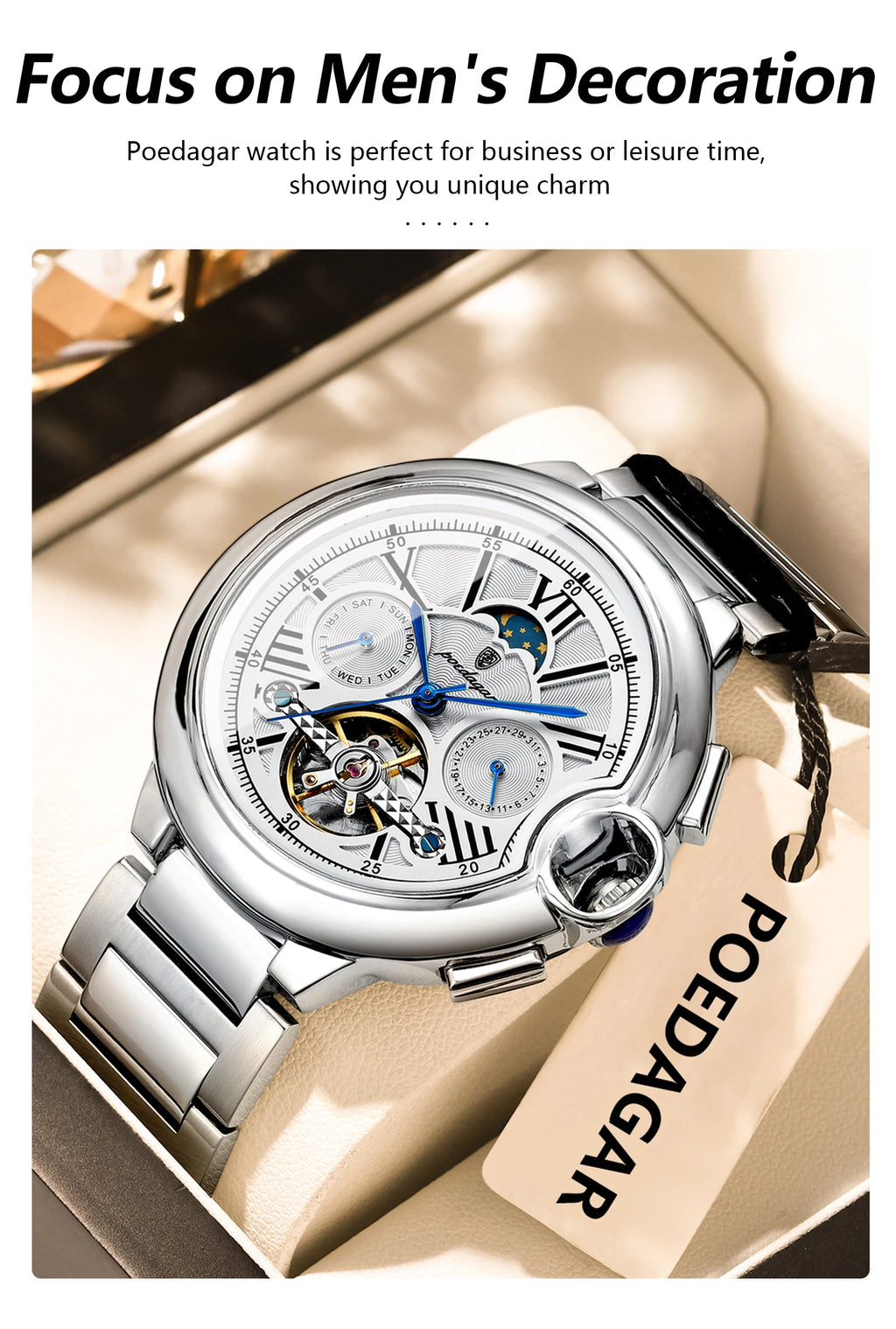 POEDAGAR Montre Automatique Homme Luxe — Tourbillon, Acier, Date & Semaine, Étanche