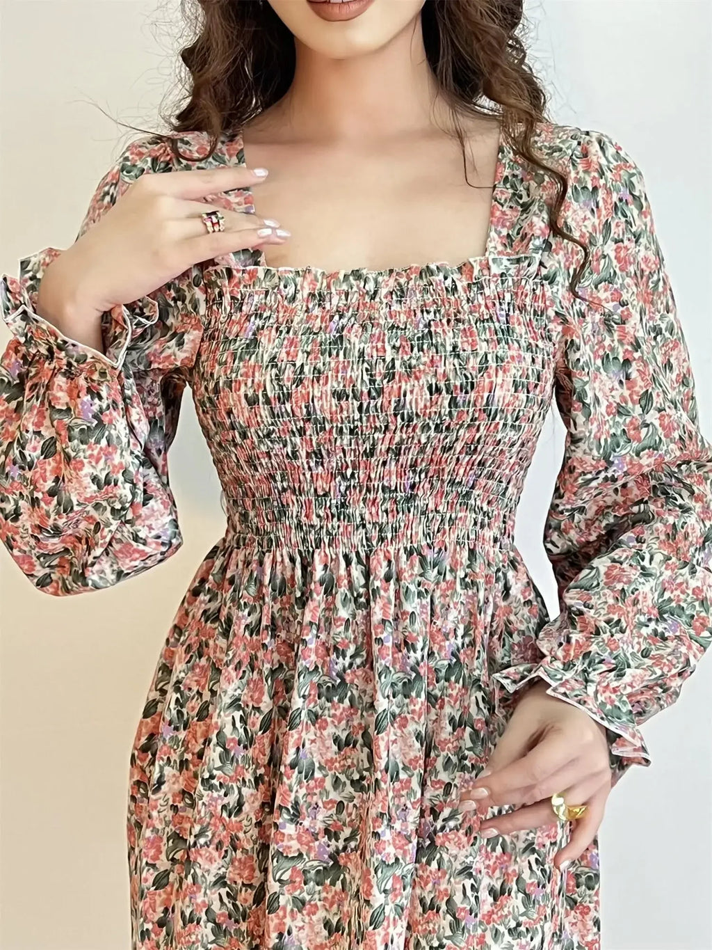 Robe Midi Femme Mousseline Manches Longues — Imprimé Floral Laçage