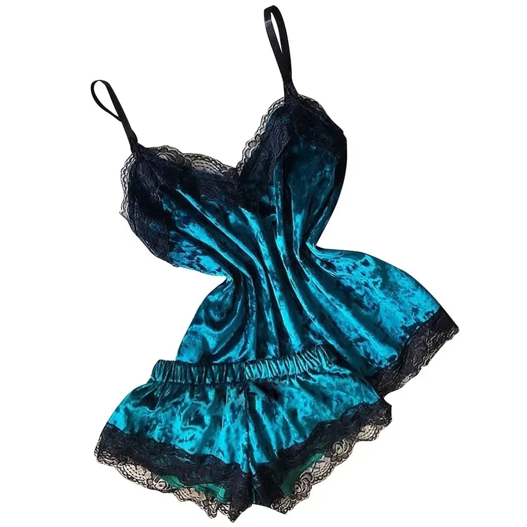 Pyjama Femme Dentelle Satin 2 Pièces — Top Court & Short, Sexy Lounge Été