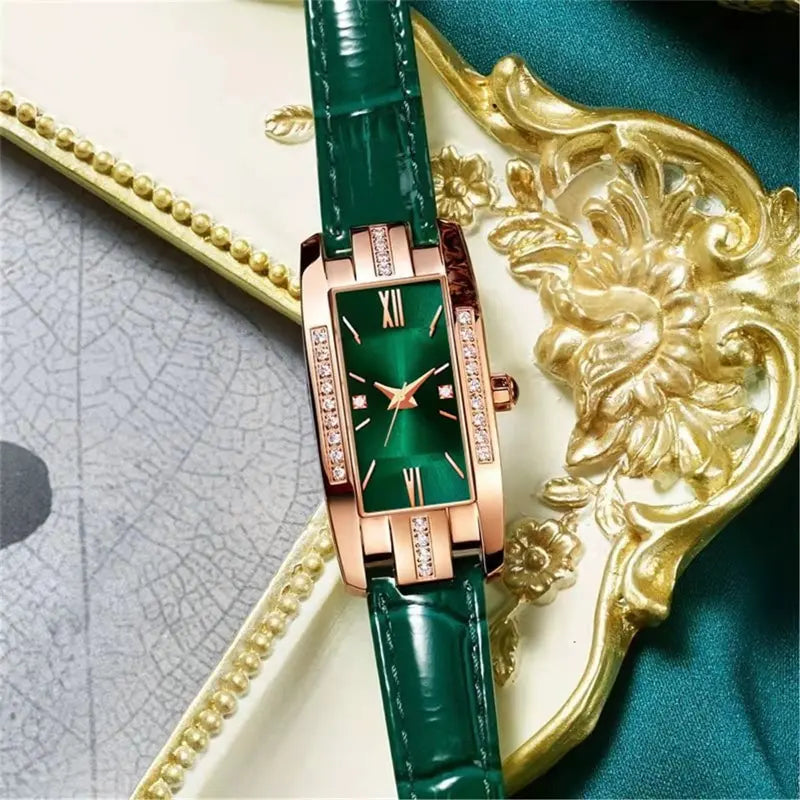Montre Femme Carrée Quartz — Bracelet Cuir Vert, Cadran Simple, Luxe Fashion