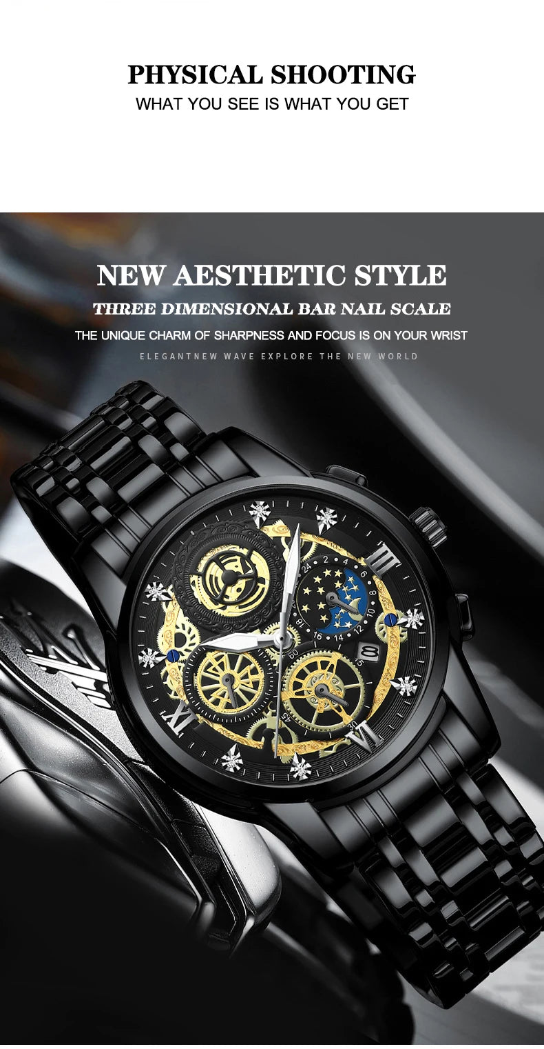 Montre Homme BINBOND Luxe Quartz — Acier Inoxydable, Lumineux, Étanche 30M, Business