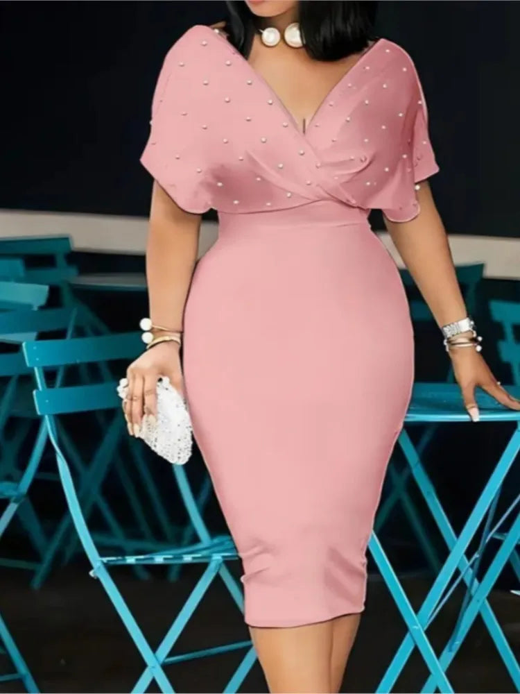 Robe Midi Sexy Col V Moulante — Couleur Unie, Bureau & Soirée, Printemps Été 2025