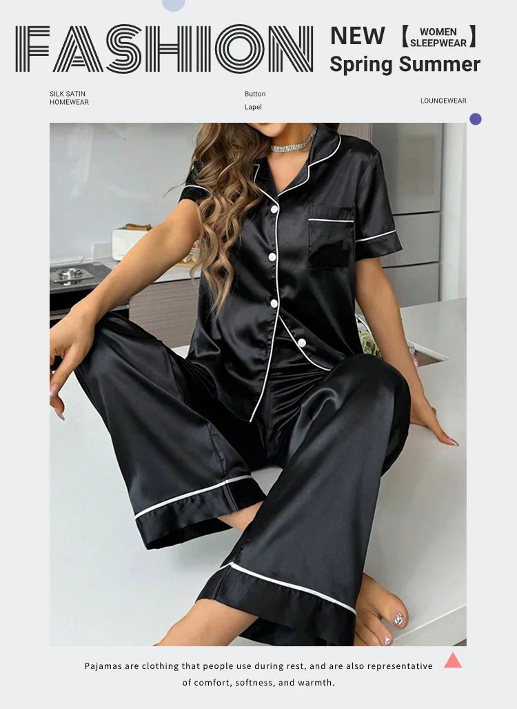 Pyjama Femme Satin Automne 2 Pièces — Haut Boutons Manches Courtes & Pantalon, Doux