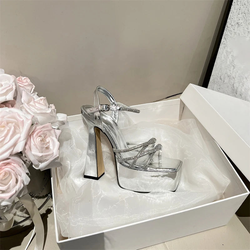 Sandales Plateforme Strass Talon Épais Femme — Bout Ouvert, Mariage Soirée