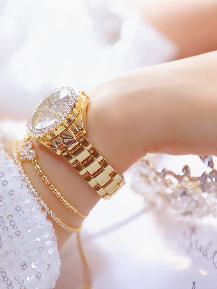 Montre Femme Or Bracelet Luxe Quartz 2025 — Acier Complet, Élégante, Top Marque
