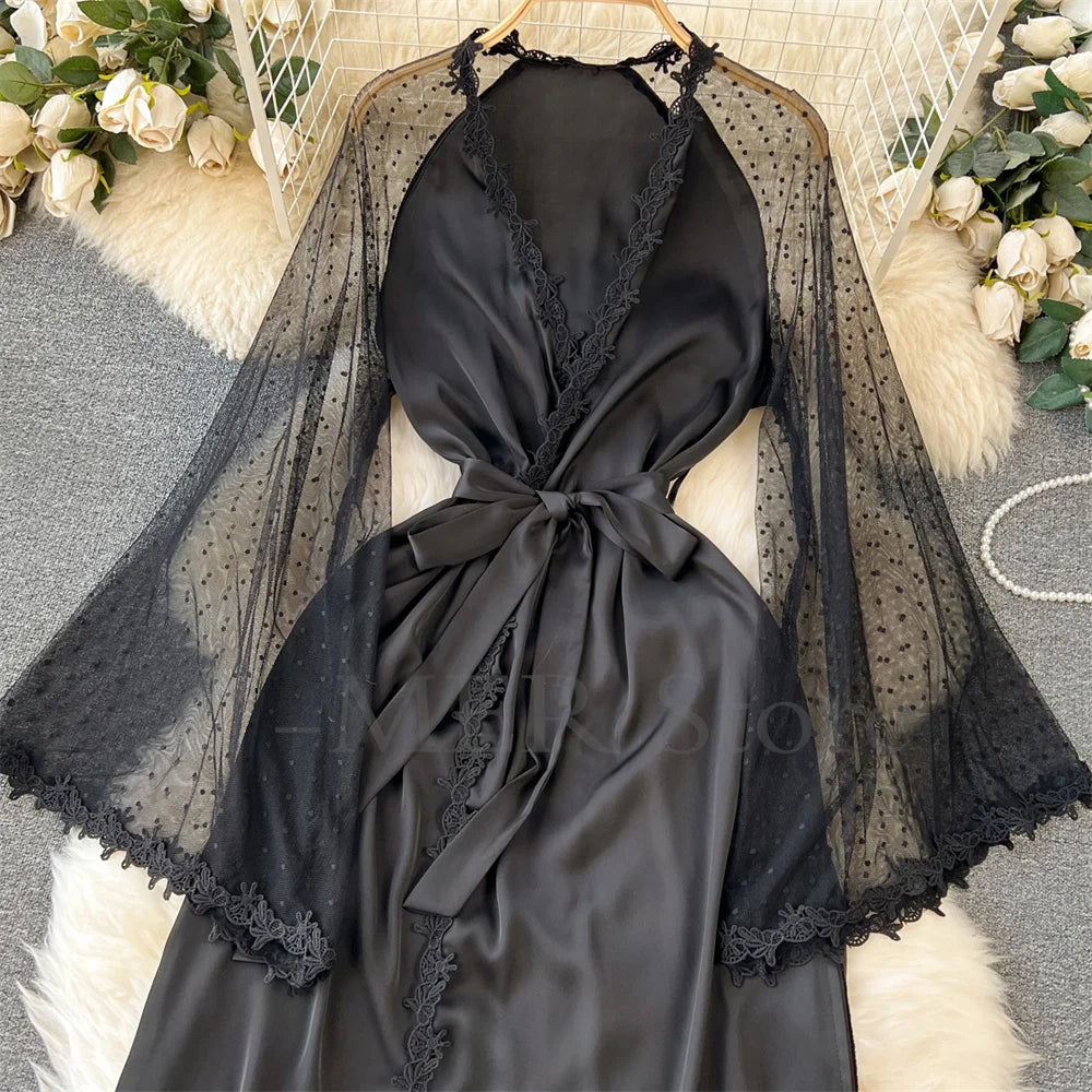 Robe de Chambre Kimono Dentelle Broderie — Longue, Satin Soie, Mariage & Nuit