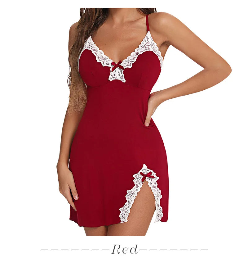 Nuisette Femme Soie Satin Sexy — Sans Manches, Col V, Fente, Lingerie Été