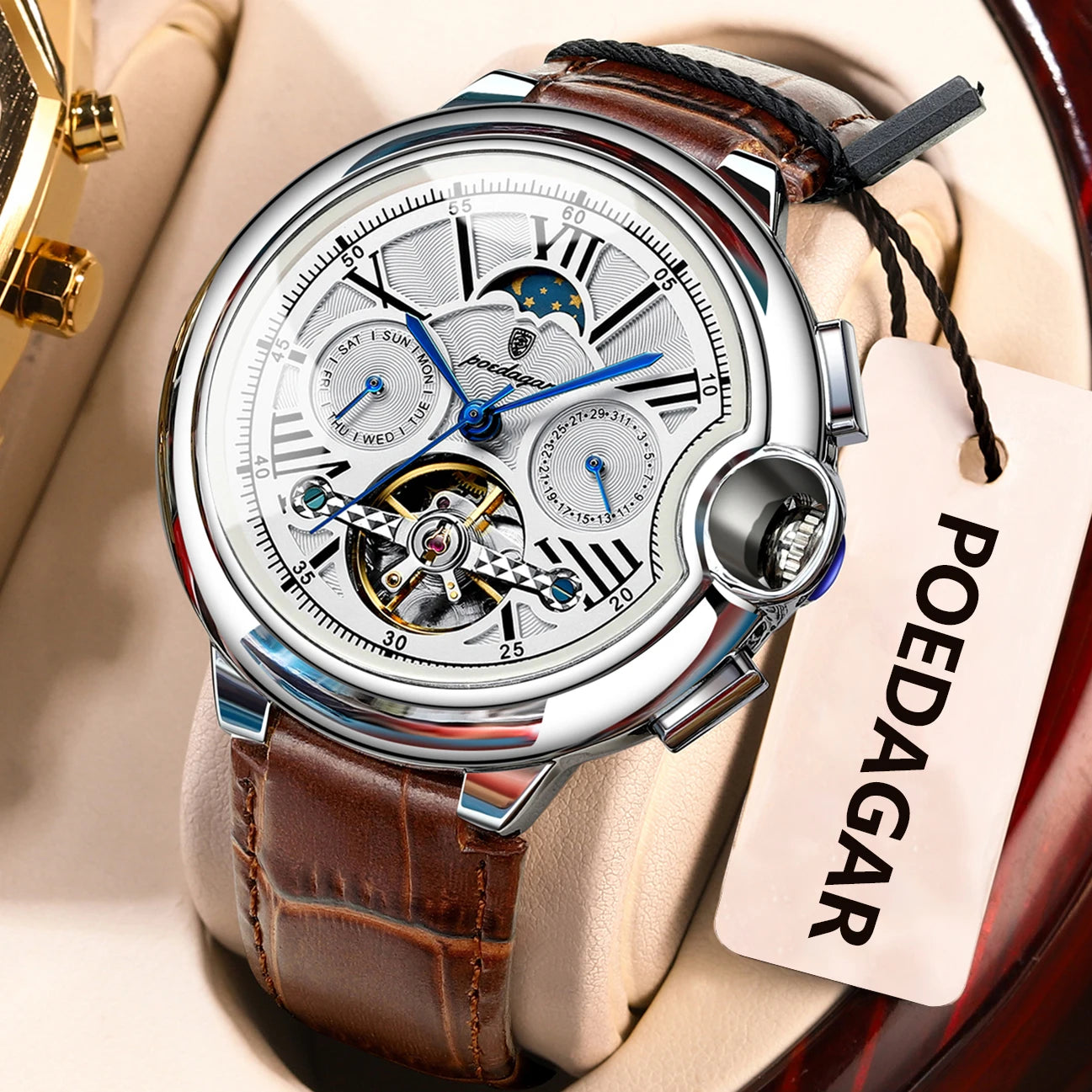 POEDAGAR Montre Automatique Homme Luxe — Tourbillon, Acier, Date & Semaine, Étanche